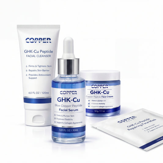 GHK-CU copper peptide cleanser serum cream and mask bundle on white background