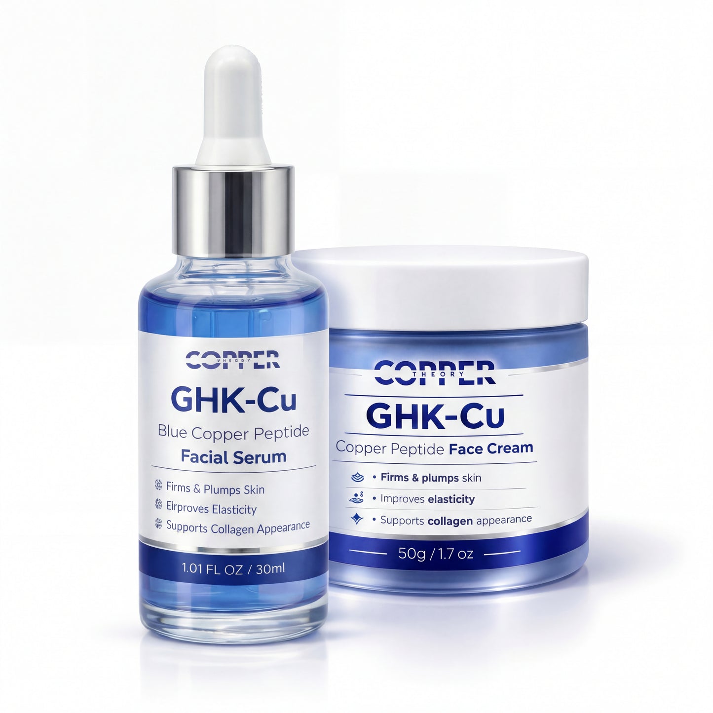 GHK-CU Copper Peptide Face Serum and Face Cream bundle on white studio background