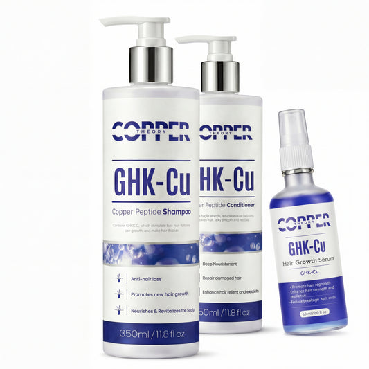 GHK-CU copper peptide scalp shampoo conditioner and hair spray bundle on white background