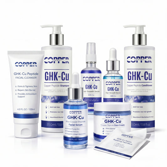 Complete GHK-CU copper peptide skincare and scalp system bundle on white background