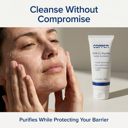 Application of copper peptide facial cleanser on skin