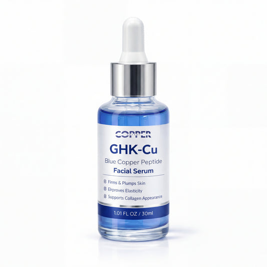 GHK-CU Copper Peptide Face Serum 30ml by Skin Peptide Co in blue glass bottle