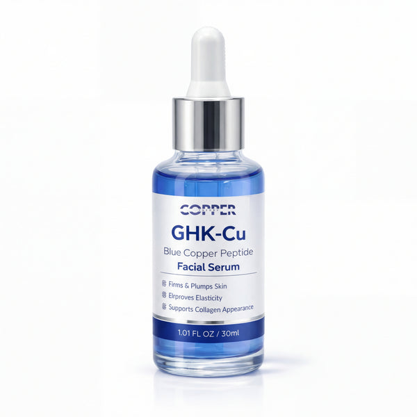 GHK-CU Copper Peptide Face Serum 30ml by Skin Peptide Co in blue glass bottle